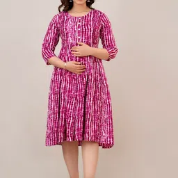 CELEBRAVO Tie & Dye Printed Gathered Maternity Fit & Flare Midi Ethnic Dress-image-22