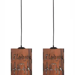 Gojeeva Brown 2 Pieces Rectangle Textured Wooden Contemporary Ceiling Lamps image 4
