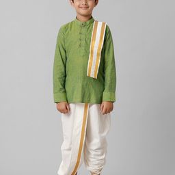 Ramraj Boys Woven Design Mandarin Collar Straight Kurta with Dhoti Pants & Angavastram-picture-14