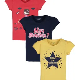 PLUM TREE Girls Pack Of 3 Typography Printed Puff Sleeves Pure Cotton T-shirt image 1