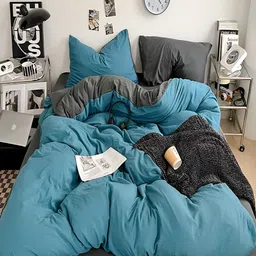JC HOME Grey & Blue 4 Pieces Double Queen Regular Quilt Bedsheet & Pillow Covers-picture-0