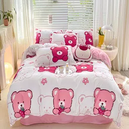 JC HOME White & Pink Printed Double XL Bedding Set-picture-41