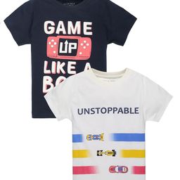 PLUM TREE Boys White & Navy Blue Set of 2 Typography Printed Cotton T-shirt-picture-13