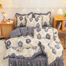 JC HOME Grey & Beige Floral Printed Double Queen Bedding Set-picture-36
