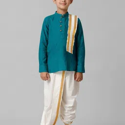 Ramraj Boys Woven Design Mandarin Collar Straight Kurta with Dhoti Pants & Angavastram-picture-18
