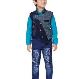 DKGF FASHION Boys Turquoise Blue Printed Shirt with Trousers & Waistcoat-image-38