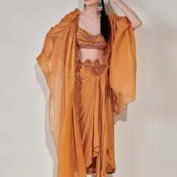 ONE KNOT ONE Embellished Cowl Cape Set With Drape Skirt-image-10