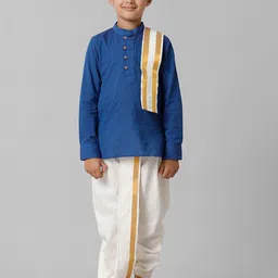Ramraj Boys Woven Design Mandarin Collar Straight Kurta with Dhoti Pants & Angavastram-picture-10