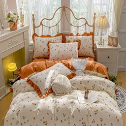 JC HOME Orange Colored & White Floral Printed Double King Bedding Set-picture-48