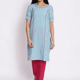 AURELIA Women Blue Floral Printed Panelled Kurta with Trousers-image-71