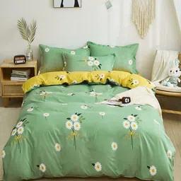 JC HOME Green & Yellow Floral Printed Queen Reversible Bedding Set image 2