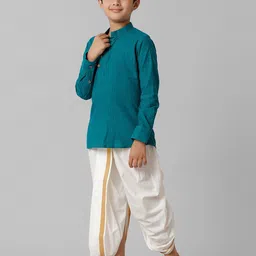 Ramraj Boys Woven Design Mandarin Collar Straight Kurta with Dhoti Pants & Angavastram image 3