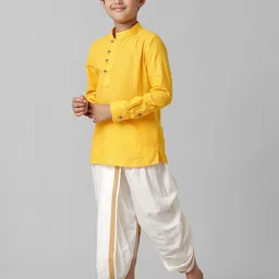Ramraj Boys Woven Design Mandarin Collar Straight Kurta with Dhoti Pants & Angavastram image 5