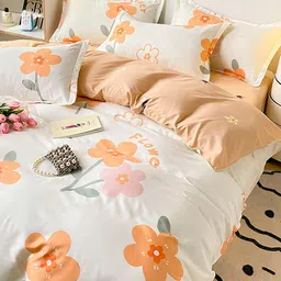 JC HOME White  Orange Floral Printed Double Queen Bedding Set image 3