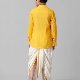 Ramraj Boys Woven Design Mandarin Collar Straight Kurta with Dhoti Pants & Angavastram image 3