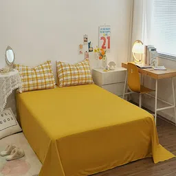 JC HOME Yellow 4 Pieces Checked AC Room Double Queen Bedding Set image 3