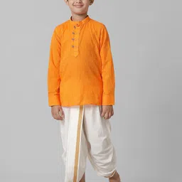Ramraj Boys Mandarin Collar Pure Cotton Straight Kurta With Dhoti Pants & Angavastram image 3