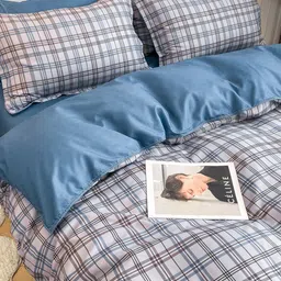 JC HOME Blue & White Checked Double Queen Bedding Set image 2