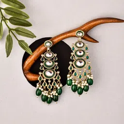 Anvik Gold Plated Kundan Studded Contemporary Drop Earrings image 2