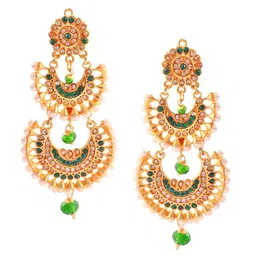 Jewar Mandi Green Gold-Plated Contemporary Chandbali Earrings-image-30