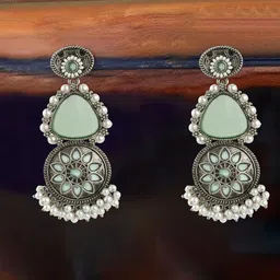 Adwitiya Collection Silver-Plated Oxidized Floral Drop Earrings-image-48