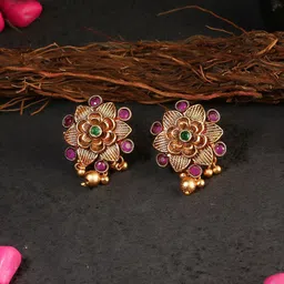 Adwitiya Collection 24 CT Gold-Plated Pink & Green Stone-Studded Floral Studs Earrings-picture-53