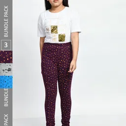 BAESD Girls Pack Of 3 Printed Pure Cotton Churidar-Length Leggings-picture-24