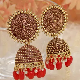 Moedbuille Meenakari Work Tasselled Floral Design Oxidised Gold Plated Antique Jhumkas-image-65