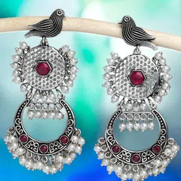 Sangria Silver-Toned Stones Studded & Beaded Drop Earrings-image-47