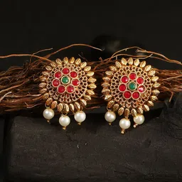 Adwitiya Collection 24 CT Gold-Plated Pink & White Stone-Studded Temple Studs Earrings image 1