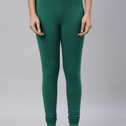 Go Colors Women Green Solid Churidar-Length Cotton Leggings-picture-1
