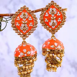 Crunchy Fashion Gold Plated Orange Dome Shaped Jhumkas Earrings-picture-26