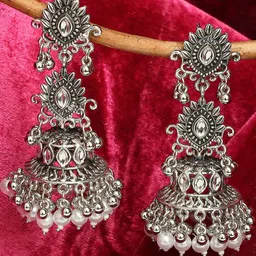 VATSALYA creation Silver-Plated Oxidised Jhumkas Earrings-picture-11