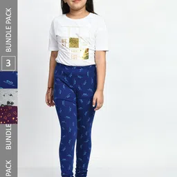 BAESD Girls Pack Of 3 Printed Pure Cotton Churidar Length Leggings-image-98
