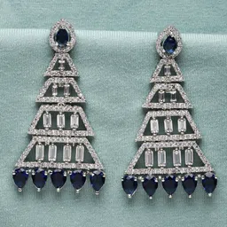 ZENEME Rhodium-Plated American Diamond Studded Triangular Shaped Drop Earrings-picture-13