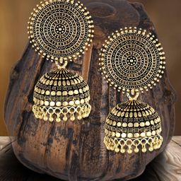 MEENAZ Gold-Plated 22kt Gold Oxidised Meenakari Pearls Contemporary Jhumkas-picture-6