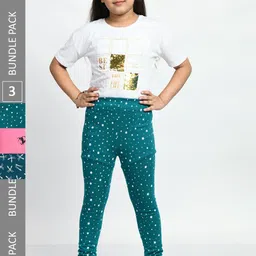 BAESD Girls Pack Of 3 Printed Pure Cotton Churidar Length Leggings-image-12