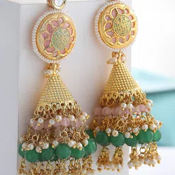 DUGRISTYLE Pink & Green Dome Shaped Gold-Plated Jhumkas Earrings-picture-53
