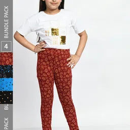 BAESD Girls Pack Of 4 Printed Pure Cotton Churidar Length Leggings-image-80