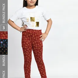 BAESD Girls Pack Of 3 Printed Pure Cotton Churidar-Length Leggings-picture-42