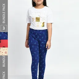BAESD Girls Pack Of 3 Printed Pure Cotton Churidar-Length Leggings-picture-54