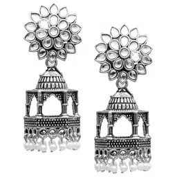Shining Jewel - By Shivansh Silver-Plated Cubic Zirconia Antique Contemporary Jhumkas-picture-34