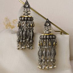 TEEJH Silver-Plated Oxidised Jhumkas Earrings-picture-29
