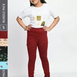 BAESD Girls Pack Of 5 Allover Printed Pure Cotton Super Soft Churidar-Length Leggings-picture-36