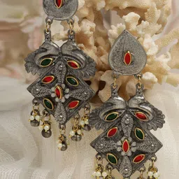 Moedbuille Silver Plated Pearls Studded Antique Peacock Shaped Oxidised Drop Earrings-image-31