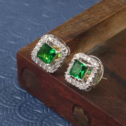 Jewar Mandi Silver Plated Square Cubic Zirconia Studs Earrings-image-34