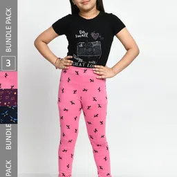 BAESD Girls Pack Of 3 Printed Churidar Length Pure Cotton Leggings-image-94
