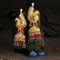 Adwitiya Collection 24CT Gold-Plated Pink & Green Peacock Shaped Temple Jhumkas Earrings-picture-33