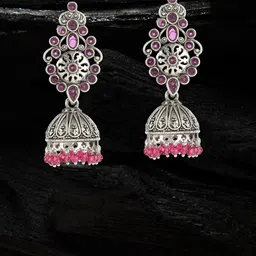 Sangria Silver-Plated Stone Studded Oxidised Drop Jumkas-picture-44