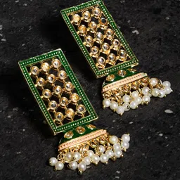 Fida Gold Plated Contemporary Kundan Studded Drop Earrings-image-39